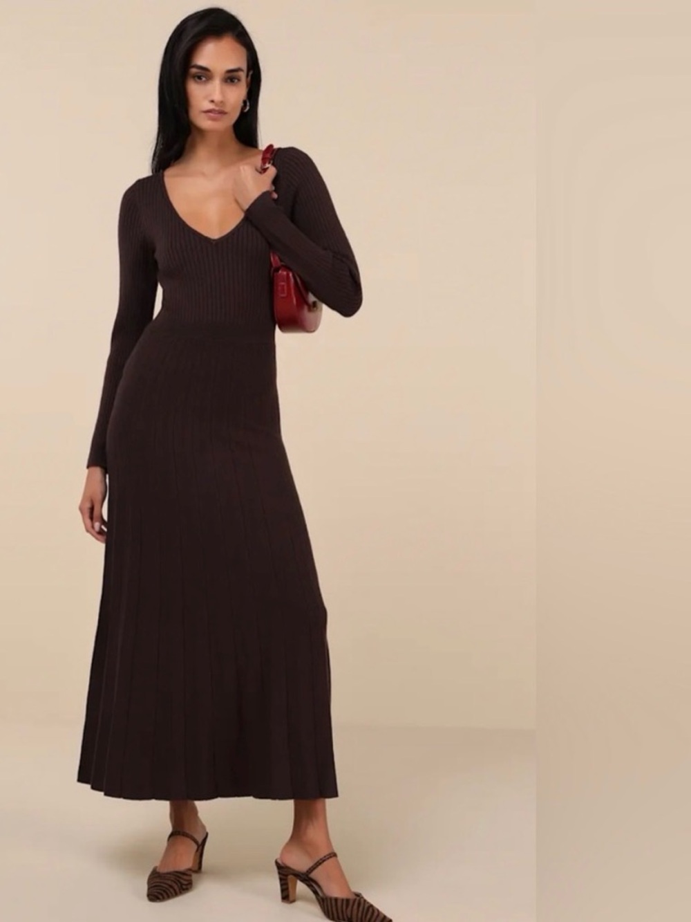 NWT Lulus Midi Dress Snuggly Precision Brown Pleated Sweater Dress Size Large